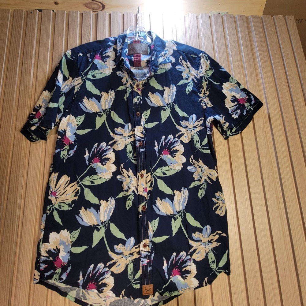 Oaktree Mens Short Sleeve Button Down Shirt Blue Floral Print Cotton Blend SZ M
